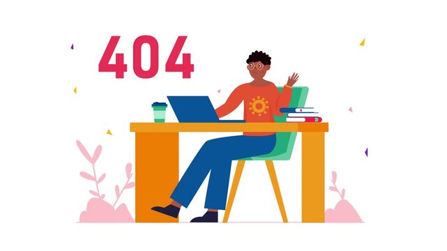 Frustrated person at desk with laptop beside 404 error page animation