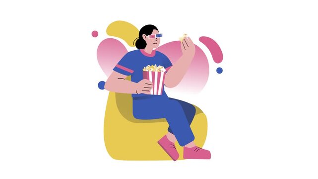 Flat vector animation of woman watching movie with popcorn and 3D glasses