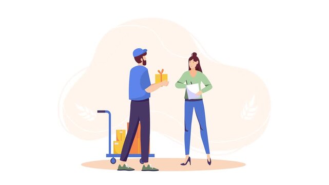 Flat animation of courier delivering gift box to customer with shopping bag
