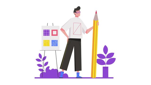 Creative designer holding oversized pencil beside easel in vector animation