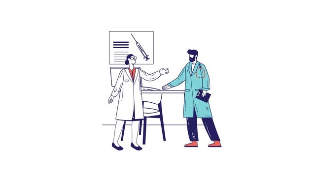 Doctors discussing treatment plan in clinic with syringe chart animation
