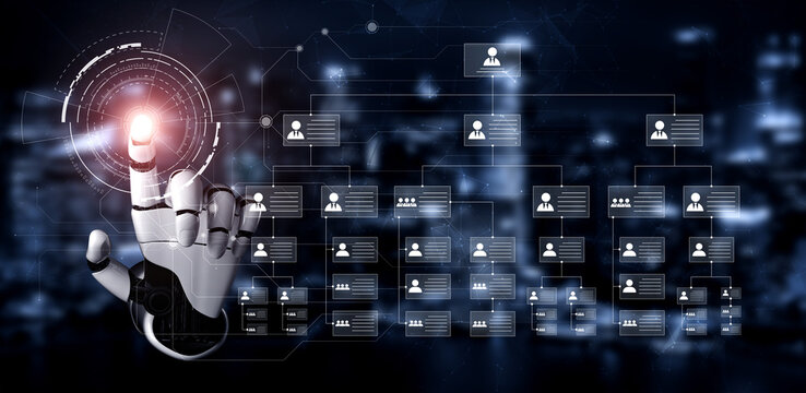 A robot hand touches a digital screen displaying user profiles and connections, symbolizing interaction between technology and communication in a futuristic setting. Ledger