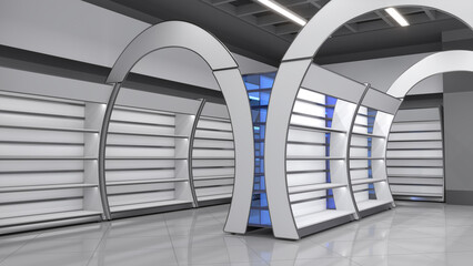 Modern retail store interior with curved design gondola shelving, arched banners and display shelving along the wall. 3d illustration © Wire_man