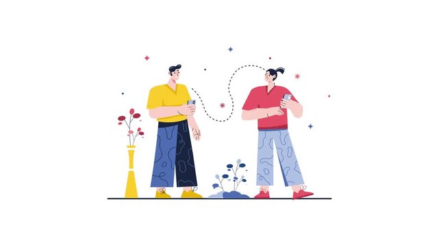 Animated man and woman chatting on smartphones with social connection line