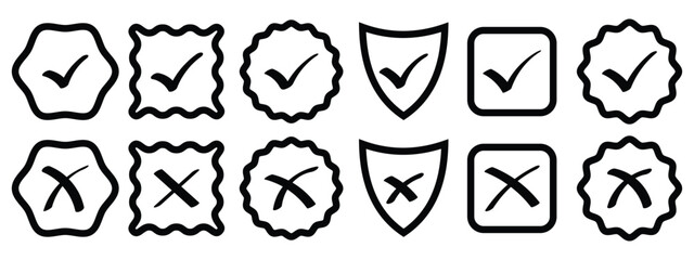 Check mark for website icon vector set. Check tick mark icon set. Cross box x check mark checkbox v list draw hand drawn sketch doodle brush marker checklist symbol wrong right circle. © HIKESTUDIO 7