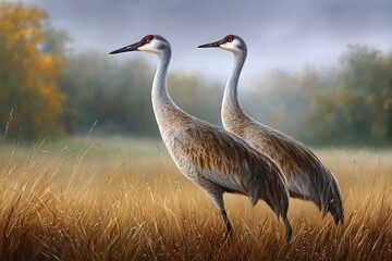 Obraz premium Sandhill Cranes in a Nature Scene With Old Style Art and Muted Colors