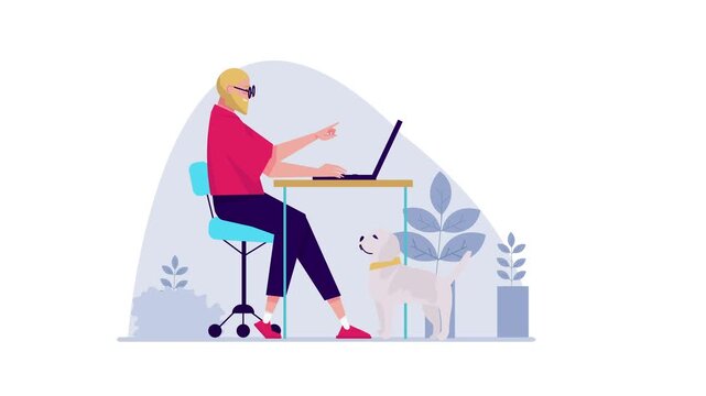 Animated bearded man working on laptop at home with dog, vector illustration