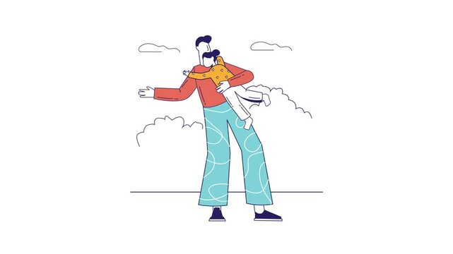 Animated father carrying child in affectionate embrace against sky