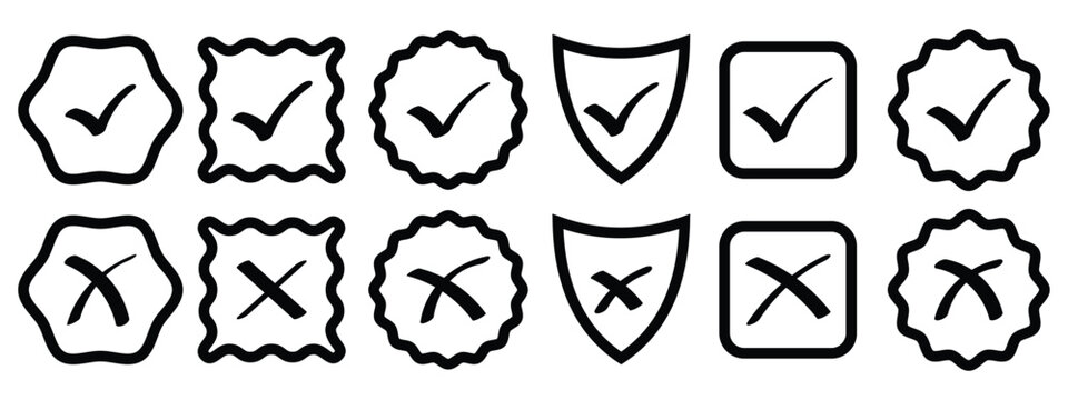 Check mark for website icon vector set. Check tick mark icon set. Cross box x check mark checkbox v list draw hand drawn sketch doodle brush marker checklist symbol wrong right circle.