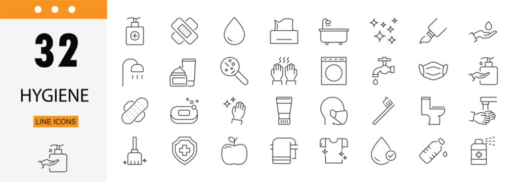 Hygiene icons set representing cleanliness, sanitation, washing, health care, protection and personal hygiene practices. Editable Stroke.
