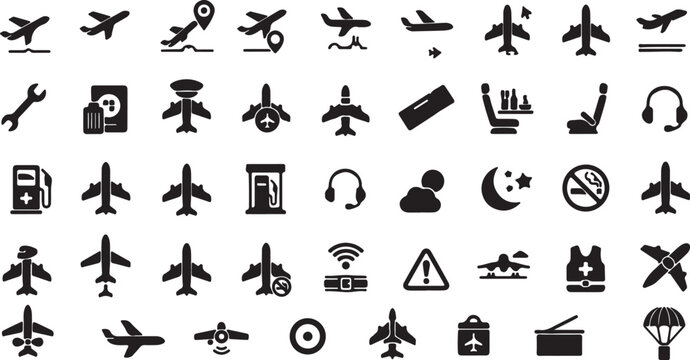 Travel and aviation icon set, airplane flight symbols for airport departures, navigation and airline services