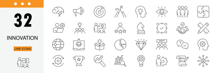 Innovation icons set representing creativity, new ideas, development, technology, progress and business improvement concepts. Editable Stroke. © Precision Icons