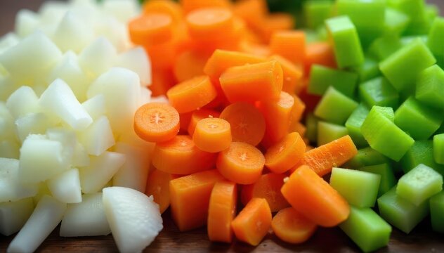 Close-up of a colorful mirepoix trio of carrots, onions, and celery, neatly chopped and ready for cooking in a savory dish , onions, food