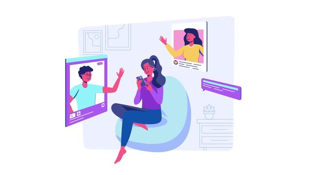 Animated social media conversation with people messaging in a cozy room