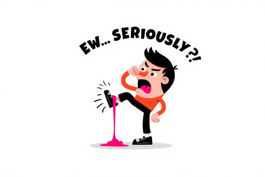 Cartoon Man Kicking with Disgust as Pink Liquid Splashes, Expressing Frustration with 'Ew... Seriously?!'