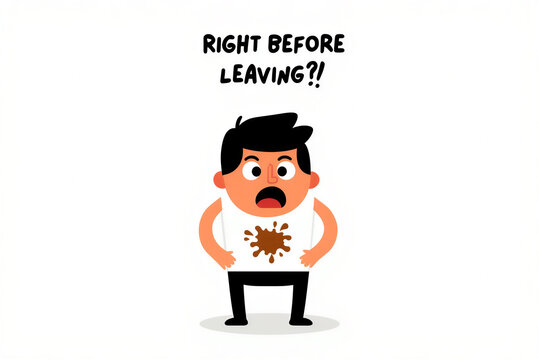 Cartoon Man in Shock with Stained White T-Shirt Right Before Leaving, Unfortunate Accident