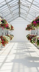 Fototapeta premium Bright greenhouse interior with rows of vibrant hanging flowers in bloom creating a beautiful floral display and a pathway for visitors