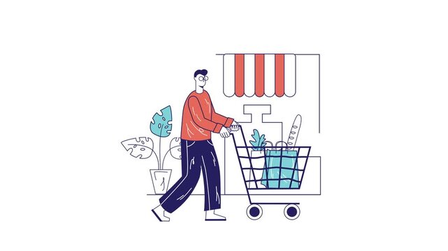 Person pushing shopping cart outside storefront in flat animation style