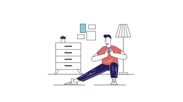 Animated flat illustration of man sitting in living room next to dresser and lam