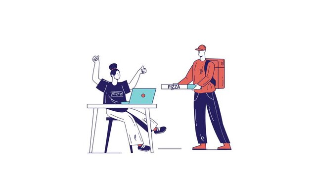Animated pizza delivery courier bringing pizza to remote worker at desk
