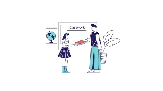 Teacher handing classwork to student in classroom illustration animation