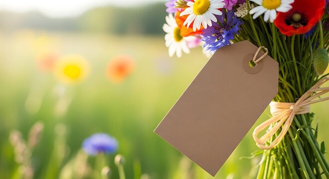 Beautiful bouquet of wildflowers with a blank gift tag tied with raffia in a sunlit meadow during a warm summer day
