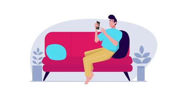 Animated young man texting on smartphone while sitting on sofa at home