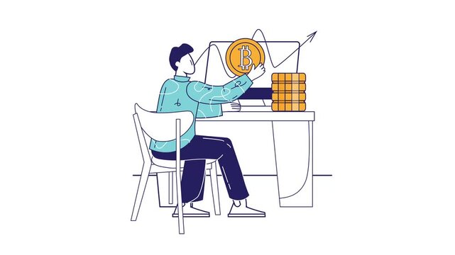 Investor analyzing bitcoin growth on laptop with rising chart at desk