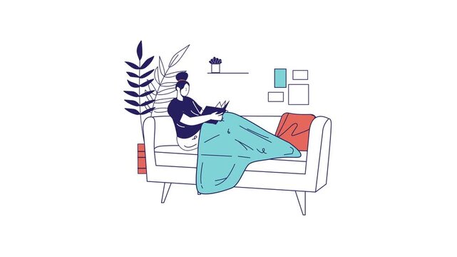 Animated woman relaxing on sofa with blanket in cozy living room