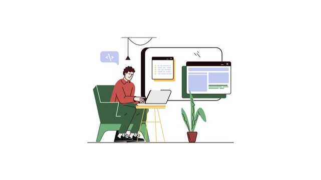 Animated illustration of developer coding at laptop in modern workspace