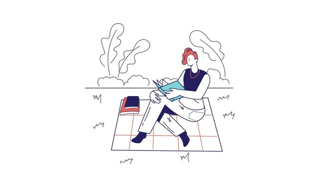 Animated woman reading book on picnic blanket in summer park
