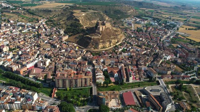 An Aerial panorama view beside the old town in the city of  Monzon on a sunny summer noon in Spain.