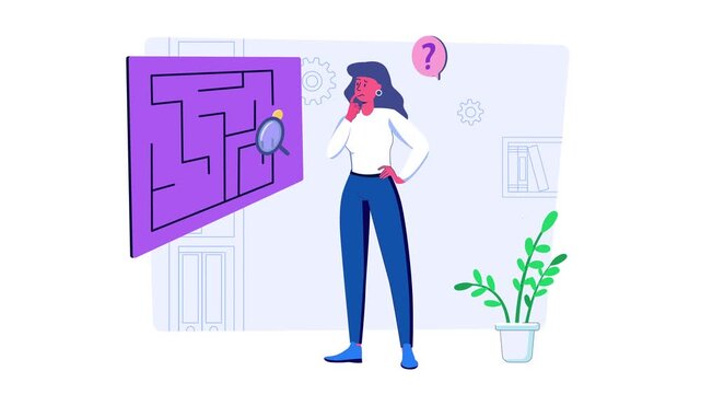 Animated woman solving maze puzzle with question mark and plant