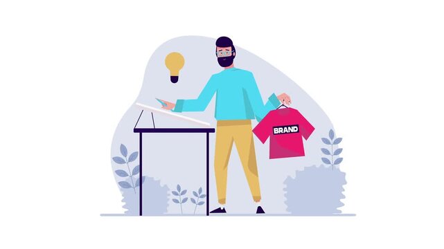 Designer customizing branded T-shirt at creative workspace illustration