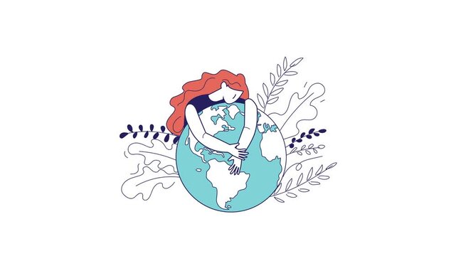 Animated woman hugging the Earth globe with leafy eco line art
