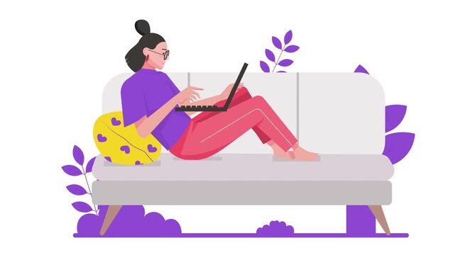 Woman using laptop on sofa in cozy home office animated vector illustration