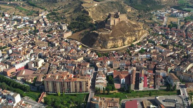An Aerial panorama view beside the old town in the city of  Monzon on a sunny summer noon in Spain.