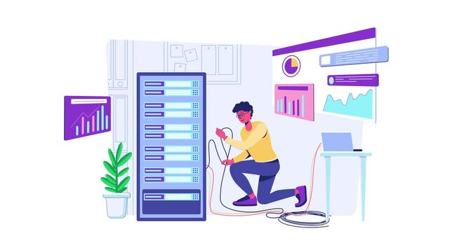 Animated technician configuring secure server rack with analytics dashboard