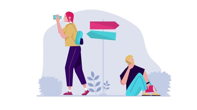 Two travelers with backpack and signpost in flat vector animation