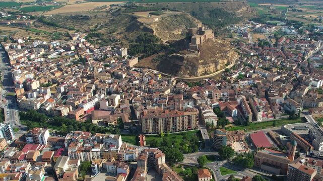 An Aerial panorama view beside the old town in the city of  Monzon on a sunny summer noon in Spain.