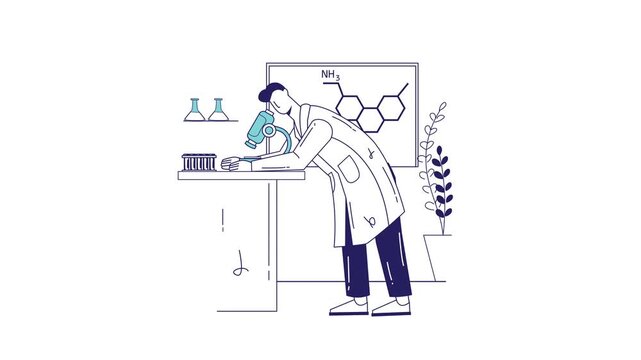 Scientist using microscope in chemistry lab with molecular diagram