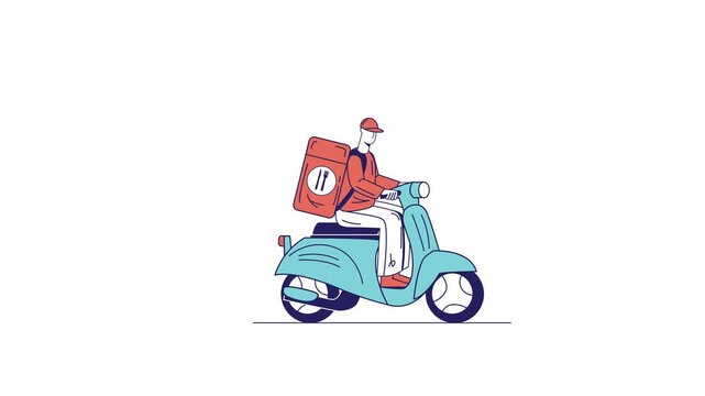 Food delivery rider on scooter animation with backpack on white background