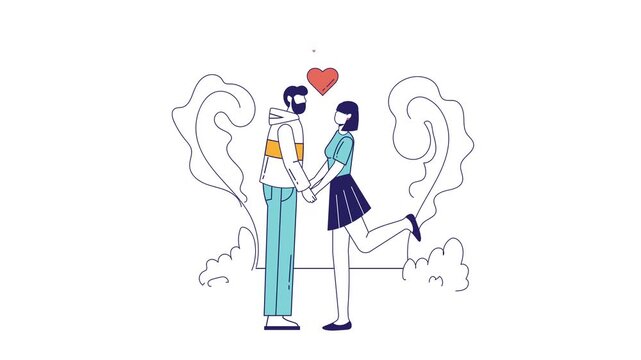 Animated romantic couple holding hands with heart and listening ears