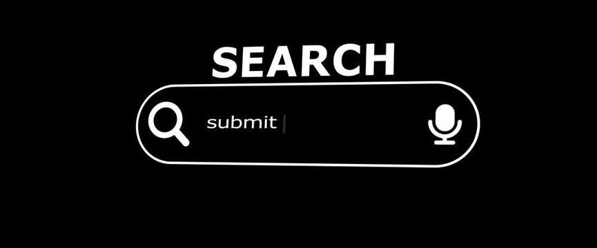 Dark futuristic search bar interface with glowing submit button.