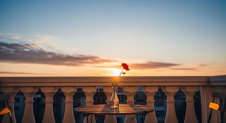 Fototapeta premium Tranquil balcony at sunrise with a single red poppy in a vase on a table and chairs overlooking the ocean horizon
