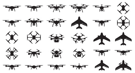 Fototapeta premium black and white vector silhouette set of drone