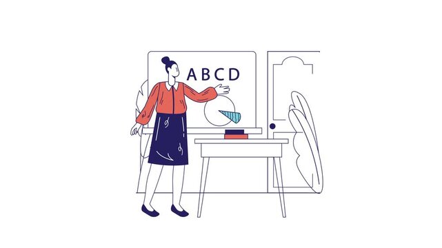 Animated female teacher presenting ABCD chart in classroom with desk
