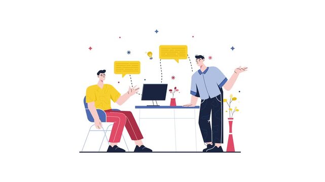Animated flat illustration of two men brainstorming at office desk