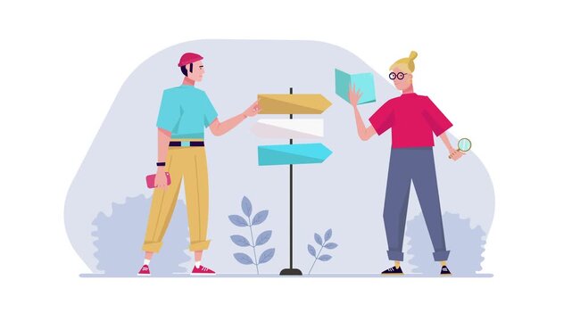 Two people choosing directions at signpost in flat animated illustration