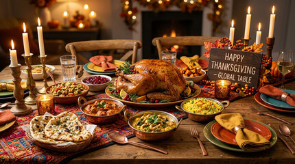 Fototapeta premium Global Thanksgiving feast on a rustic wooden table with diverse dishes